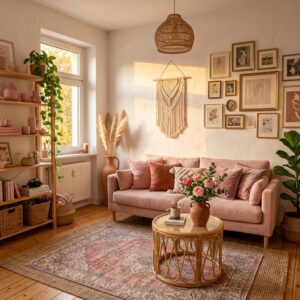 Sun-drenched small living room at golden hour with a dusty rose sofa, a natural rattan coffee table, a macrame wall hanging, and open wooden bookshelves.