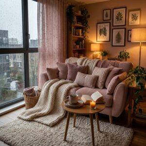 Dreamy small apartment living room on a rainy day with a pink sofa, chunky knit throw blankets, glowing table lamps, and a steaming mug of tea.