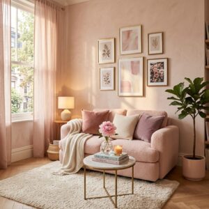Bright transitional living room featuring a plush blush pink boucle love seat, a gold-rimmed marble coffee table, a fluffy white rug, and a fiddle leaf fig plant.