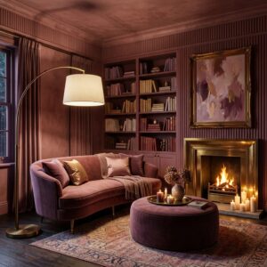 Moody luxury living room wrapped in deep plum-toned fluted wall panels featuring a cozy velvet sofa, a built-in library bookshelf, and a roaring gold fireplace.
