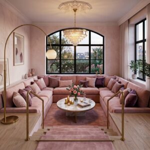 High-end sunken conversation pit living room layout with a massive U-shaped pink velvet sectional sofa, a grand crystal chandelier, and a marble coffee table.