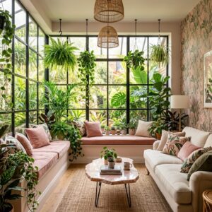 Breathtaking open living room featuring a massive black-framed grid window looking out at a tropical garden, with a long built-in pink velvet window bench seat.