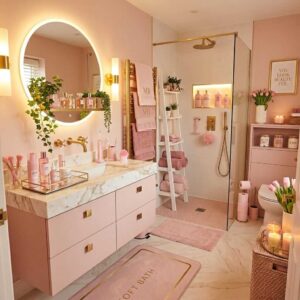 Beautiful wide-angle view of a complete luxury blush pink bathroom interior showcasing a double vanity sink cabinet, a glass walk-in shower enclosure, and gold accents.