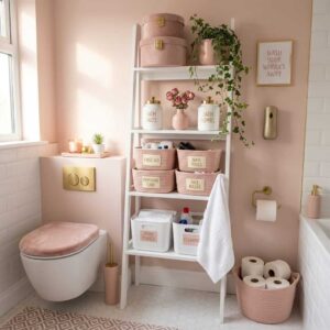 White wooden leaning ladder shelf unit styled above a modern toilet with pink velvet storage boxes, bath salts jars, a pink bath mat, and a woven toilet paper basket.