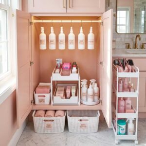 Organized pink bathroom linen cabinet with matching storage baskets and uniform spray bottles sitting next to a white 3-tier rolling utility storage cart.