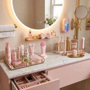 Open pink bathroom vanity drawer with custom velvet organizer dividers sorting hair accessories, bobby pins, and aesthetic skincare cosmetics under a lit mirror.