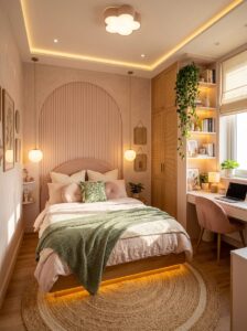 Cozy and narrow small-space bedroom design utilizing a vertical pink arched accent wall panel, floating bed frames, and a built-in office desk next to the window.