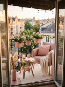 An apartment balcony reading nook with a pink accent chair, a small rattan side table, hanging pink flower planters, and warm string lights overlooking a city view.
