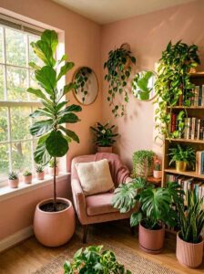 Lush reading nook decor inside a small apartment featuring a tall fiddle leaf fig plant, trailing pothos, and monsteras surrounding a pink accent chair by a window.