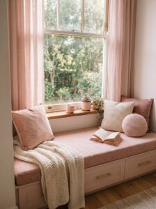 A cozy window reading nook bench inside a small apartment with a pink cushion, throw pillows, knit blanket, and soft linen curtains.
