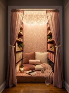 An open closet reading nook transformation in a small apartment decorated with a floor mattress, plush pillows, built-in bookshelves, and warm fairy lights.