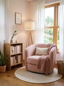 A cozy pink bedroom aesthetic reading corner highlighting a rounded cream boucle swivel armchair, light wood bookshelf, and a tripod floor lamp.