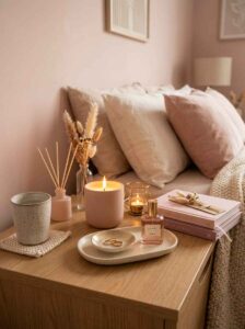 Styled apartment bedside table details featuring a ceramic ring tray, copper alarm clock, and a burning pink glass jar soy candle.