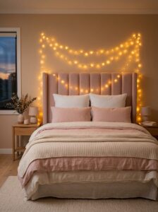 Cozy pink bedroom fairy lights gracefully draped in a warm glowing canopy layout behind a plush blush pink upholstered headboard.