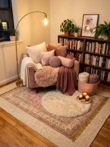 A cozy reading corner apartment setup with a pink armchair, dark wooden bookshelves, a vintage pink area rug layered with a round white faux sheepskin rug.