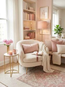 A modern cozy reading nook chair with a cream boucle swivel base, an arched gold floor lamp, and a matching pink velvet pillow.