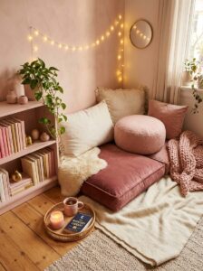 A bohemian floor reading nook for small spaces featuring layered pink and beige cushions, a round pouf, a chunky knit blanket, and a low wooden styling tray.