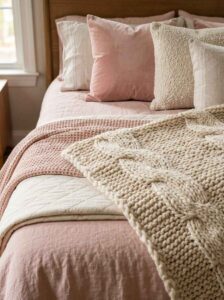 A large plush cream shag area rug underneath an oak platform bed frame with dusty rose bedding on light hardwood floors.