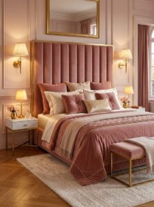 Luxury blush pink bedroom interior featuring a towering dusty rose velvet vertical channeled headboard, gold wall sconces, and marble nightstands.