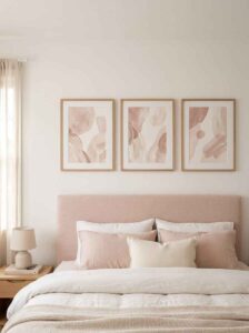 A gallery wall of three minimalist abstract art prints in blush pink and cream tones framed in light wood hanging symmetrically above a headboard.