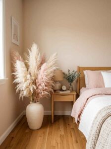 A large matte white ceramic floor vase filled with fluffy pink and beige pampas grass stems next to an oak bed frame with blush linens.