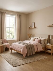 Soft pink beige bedroom decor featuring blush pink linen bedding paired with neutral beige walls, a cream area rug, and light oak furniture.