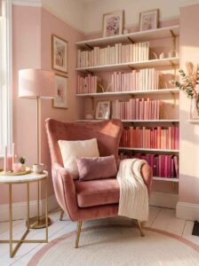 A beautiful all-pink reading nook aesthetic featuring a dusty rose velvet wingback chair, gold accents, white shelving filled with color-coordinated pink books.
