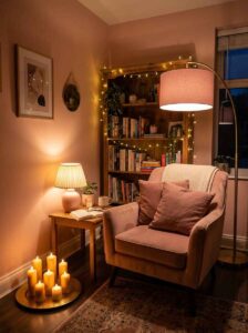 Atmospheric reading nook lighting featuring a collection of lit pillar candles on a brass tray, a warm table lamp, and fairy lights on a wooden bookshelf next to a pink chair.