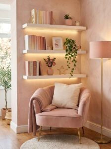 Clever reading nook storage ideas featuring white floating shelves with under-shelf lighting filled with pink books above a pink accent chair.