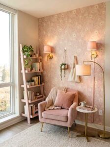 A renter-friendly reading nook featuring a temporary peel-and-stick floral wallpaper accent wall, a pink ladder bookshelf, and a blush accent chair.