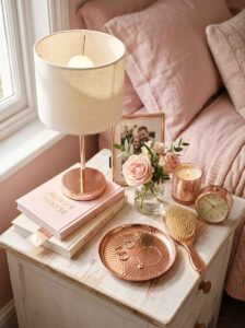 Elegant rose gold bedroom decor accessories styled on a white distressed nightstand, including a metallic lamp, jewelry dish, and fresh pink roses.