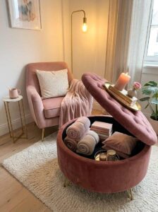Smart small apartment storage ideas showing an open pink velvet round ottoman filled with rolled blankets and books next to a reading chair.