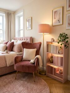 A small bedroom reading nook featuring a dark pink wingback chair, a small pink bookshelf with books, a gold floor lamp, and a round shag rug.