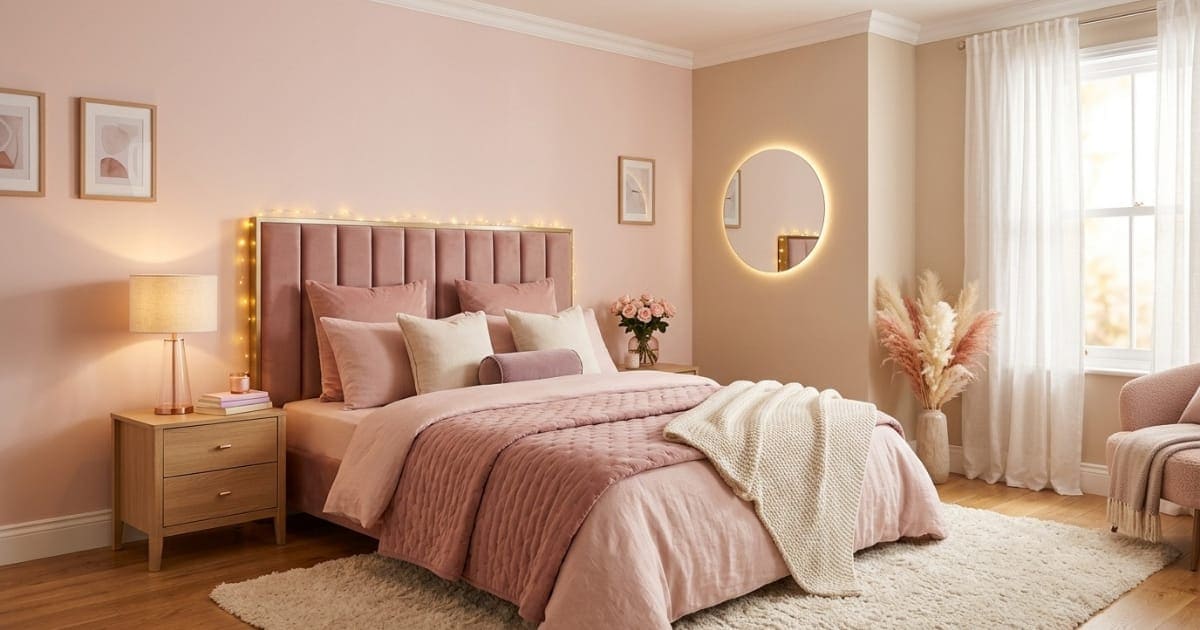 A wide horizontal shot of soft pink bedroom aesthetic ideas showing a beautifully layered blush bed layout, warm lighting, and cozy bohemian decor.