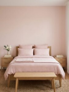 Soft blush pink bedroom aesthetic walls styled with a light wooden bed frame, white bedding, and matching oak nightstands.