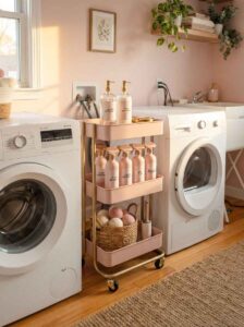 Pink 3-tier rolling utility cart between washer and dryer holding detergent pump bottles and dryer ball basket