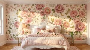 A luxurious bedroom with a full-wall mural of pink and white flowers behind a white traditional bed, demonstrating one of the best Bedroom Wall Decor Ideas.
