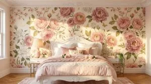 A luxurious bedroom with a full-wall mural of pink and white flowers behind a white traditional bed, demonstrating one of the best Bedroom Wall Decor Ideas.