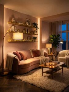 Cozy living room ideas for evening ambiance, showcasing warm fairy lights on floating wooden shelves, a pink sofa with plush pillows, and a glowing arc floor lamp.