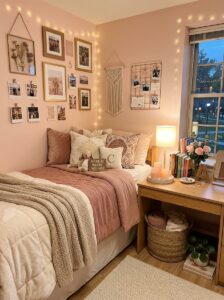 A stylish girl's dorm room setup featuring a massive photo collage and macrame hanging on blush pink walls with fairy lights, above a pink bedding set and a desk styled with books and candles.