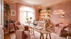 Aesthetic feminine home office setup with a curved marble desk, blush pink velvet chairs, glowing neon sign, fairy lights, and floating shelves.