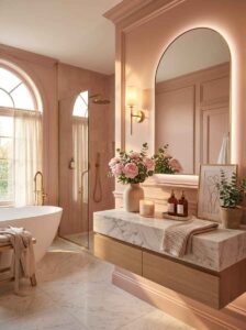 Floating marble vanity with an arched LED mirror, small vase of flowers, and amber soap dispensers.