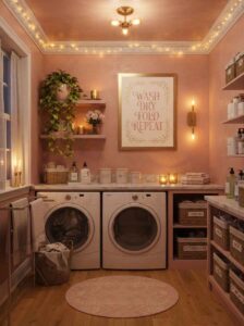 Cozy aesthetic pink laundry room featuring framed wash dry fold wall art and warm ambient lighting.