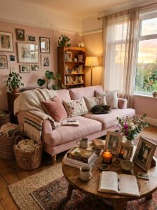 Warm golden hour sunset light shining into a living room with a sleeping cat on a pink sofa, cozy knit blankets, and an open journal on a rustic wooden coffee table.