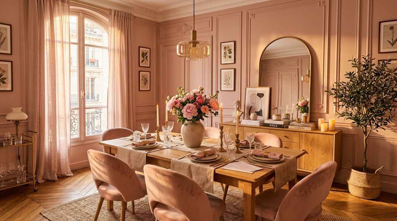 amazon dining room decor featuring a blush pink dining setup with an arched mirror and gold chandelier.