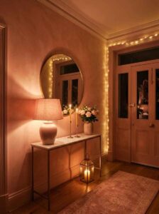 Warm ambient lighting from fairy string lights and floor lanterns illuminating a cozy entryway decor setup during the evening.