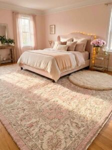 Traditional cream and pink patterned area rug placed under a soft pink upholstered bed frame in a brightly lit room with sheer floor-to-ceiling blush curtains.