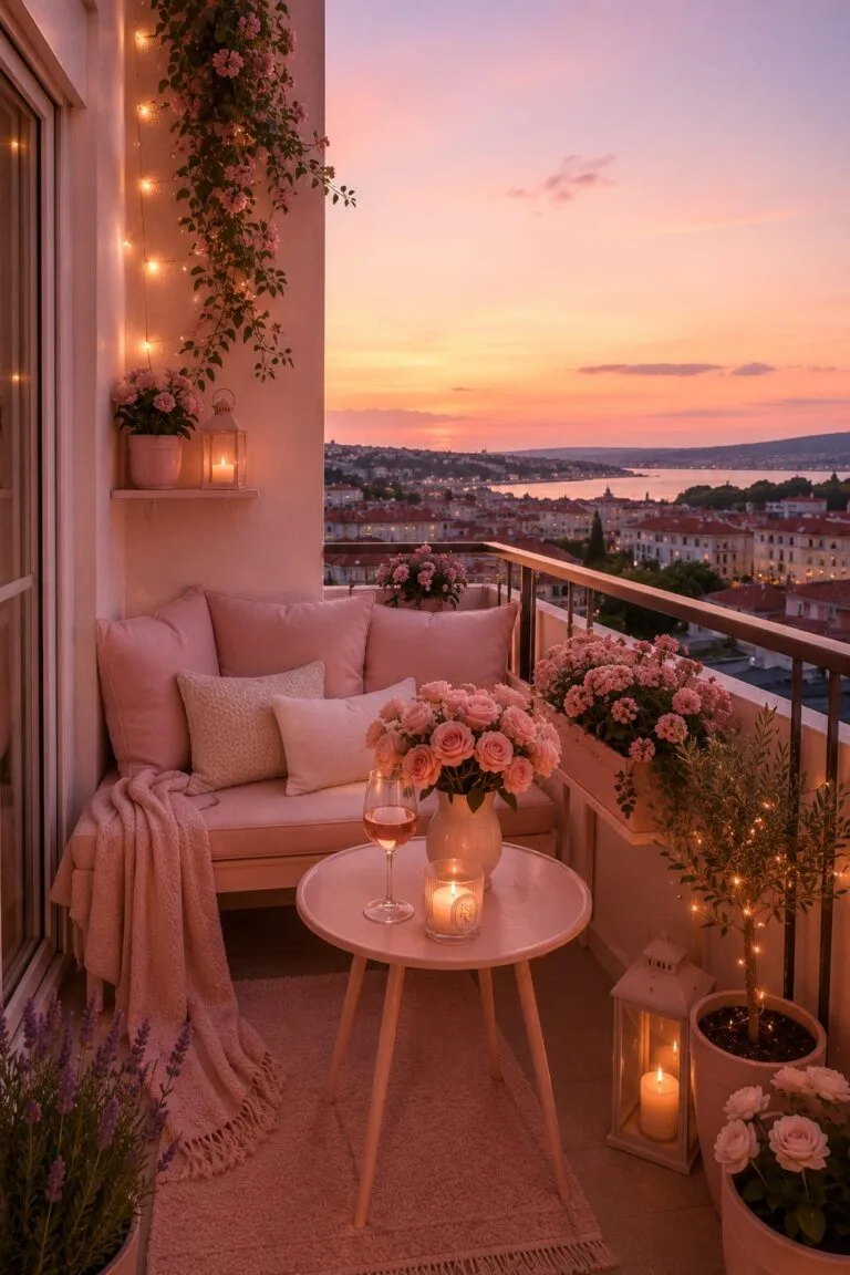 pink balcony with sunset view and also a couch and round table