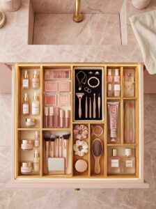 Top-down view of a bathroom drawer organized with bamboo dividers holding makeup and skincare.