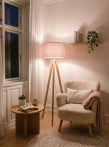 A cozy bedroom reading nook styled with a wooden tripod floor lamp illuminating a cream boucle accent chair and a small side table.